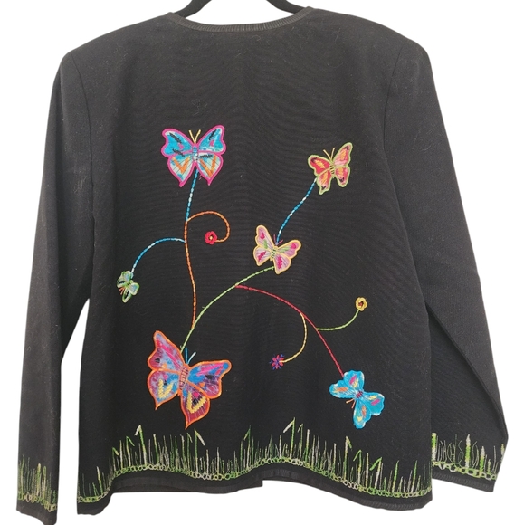 Vintage Julia Kim 90s Butterfly Applique Black Cotton Jacket Size Large - Picture 2 of 7